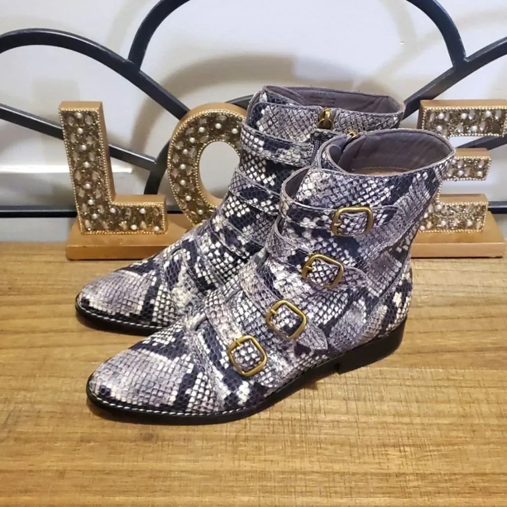 J.Crew Women's Multi-Buckle Snake-Embossed Leather Moto Biker Boots Sz 7‎